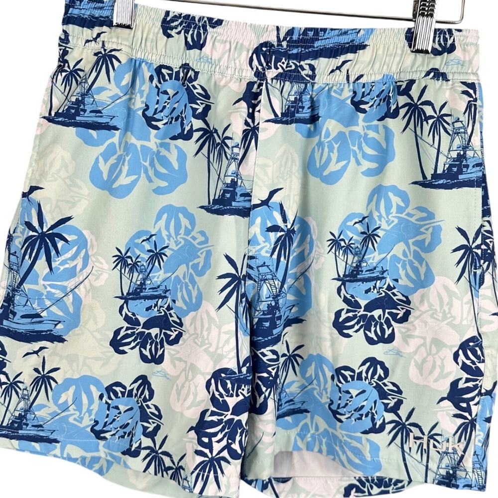 Huk Performance Fishing Shorts Mens Small Blue Green Tropical Boat Palm Tree 6in